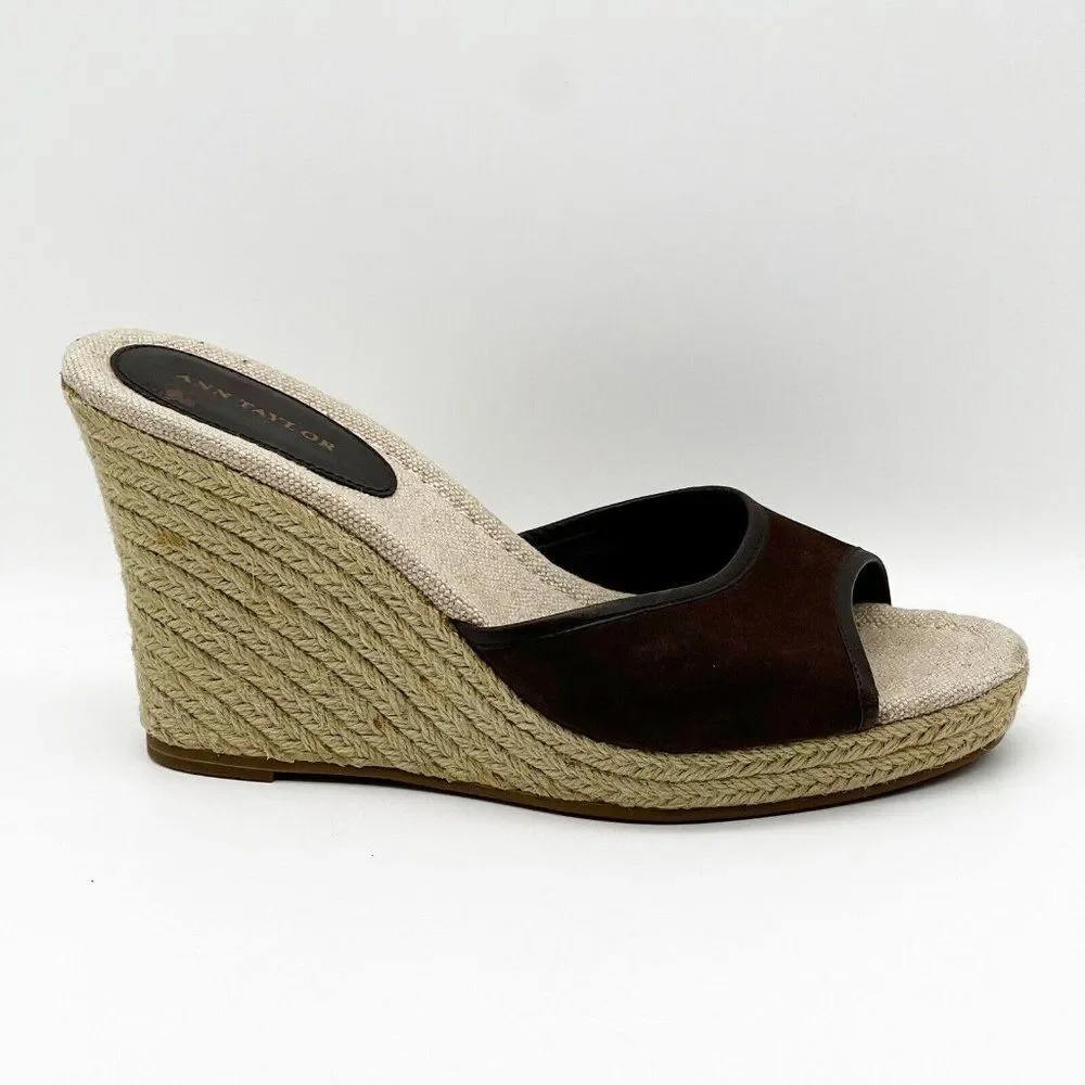 Ann Taylor Brown Suede Slip On Open Toe Jute Wrapped Wedge Platform Heels Size 8